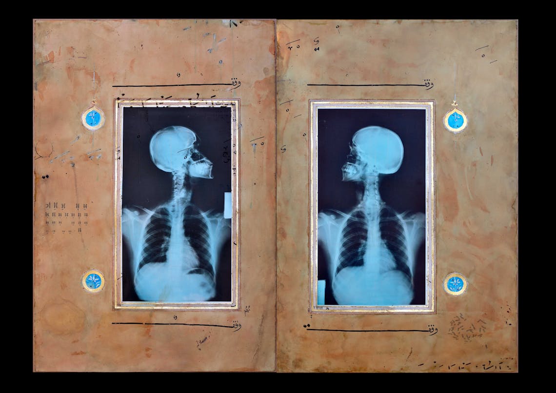 Illumination Diptych I II 2008 Ahmed Mater Gold leaf tea pomegranate Dupont Chinese ink and offset X Ray print and mixed media on archival Arche paper two pieces each 165 x 110 cm Untitled 1