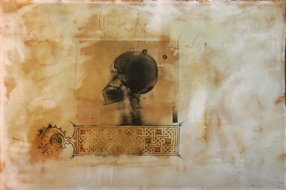 Illumination Skull 2009 Ahmed Mater 105 x 155 Gold lead tea pomegranate Dupont Chinese ink and offset X Ray print and mixed media on archival Arche paper 155cm 105cm