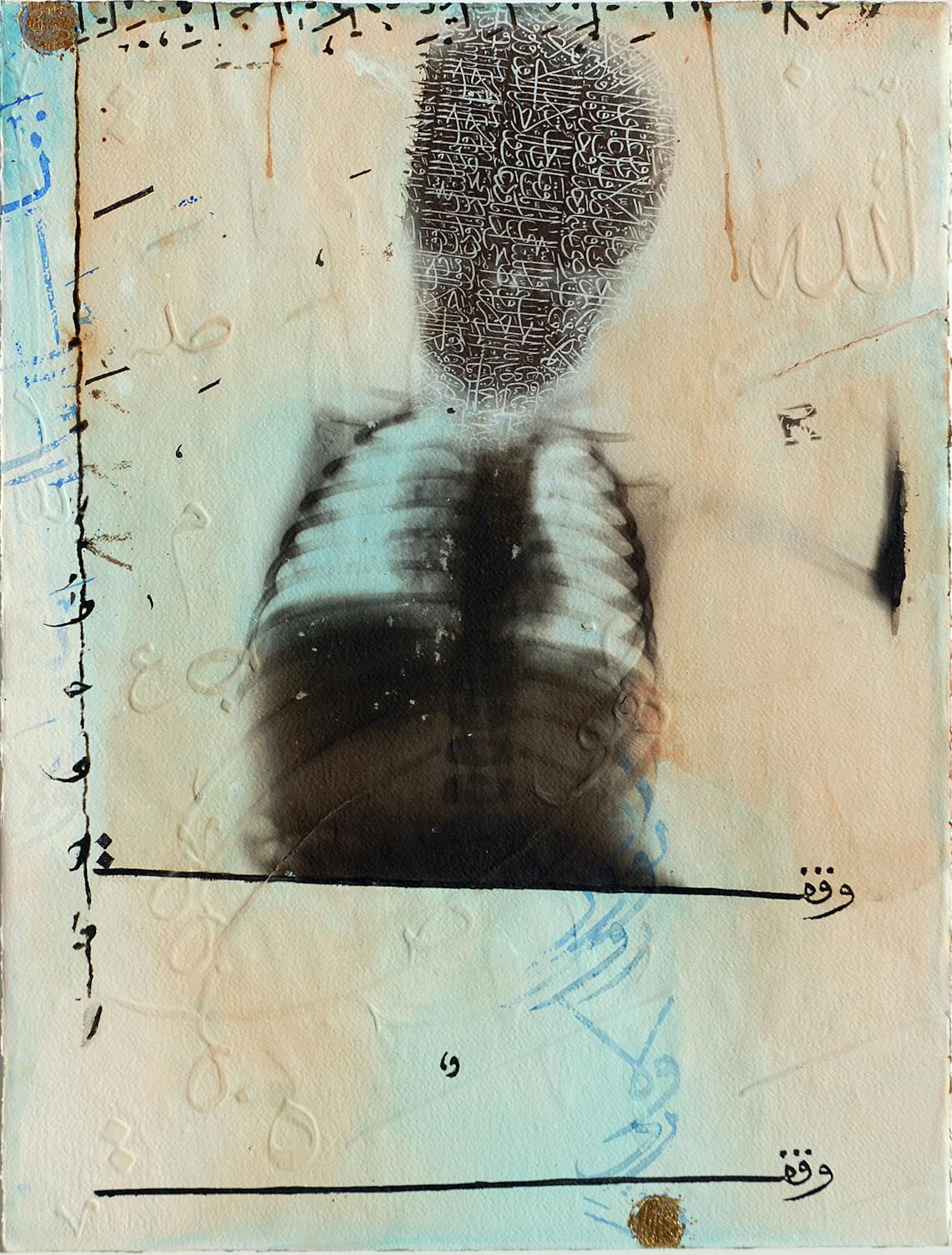 Mashq X Ray I 2008 Ahmed Mater Gold lead tea pomegranate Dupont Chinese ink and offset X Ray print and mixed media on archival Arche paper 100 x 70 H100 CM x W 70 CM