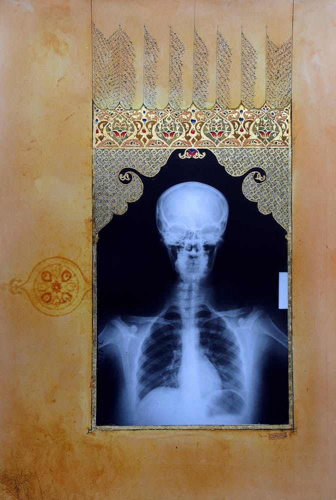 Mihrab Illumination I 2009 Ahmed Mater Gold lead tea pomegranate Dupont Chinese ink crystals and offset X Ray print and mixed media on archival Arche paper 147 x 105 105cm 147cm