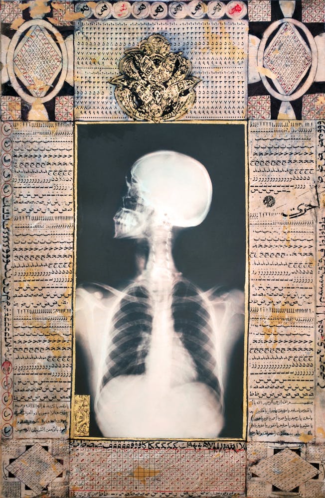 Talisman X Ray III 2008 Ahmed Mater Gold lead tea pomegranate Dupont Chinese ink and offset X Ray print and mixed media on archival 155 x 105 Illuminations IH155 CM x W 105 CM