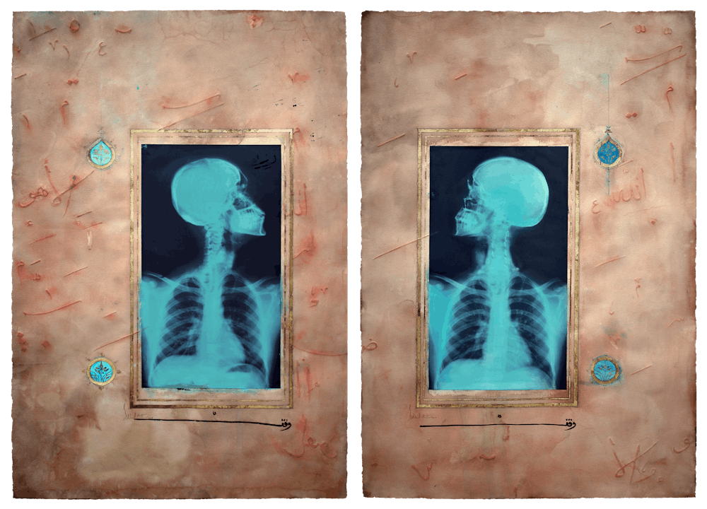 Illumination Diptych I II 2008 Ahmed Mater Gold leaf tea pomegranate Dupont Chinese ink and offset X Ray print and mixed media on archival A Arche paper two pieces each 165 x 110 cmjpg copy